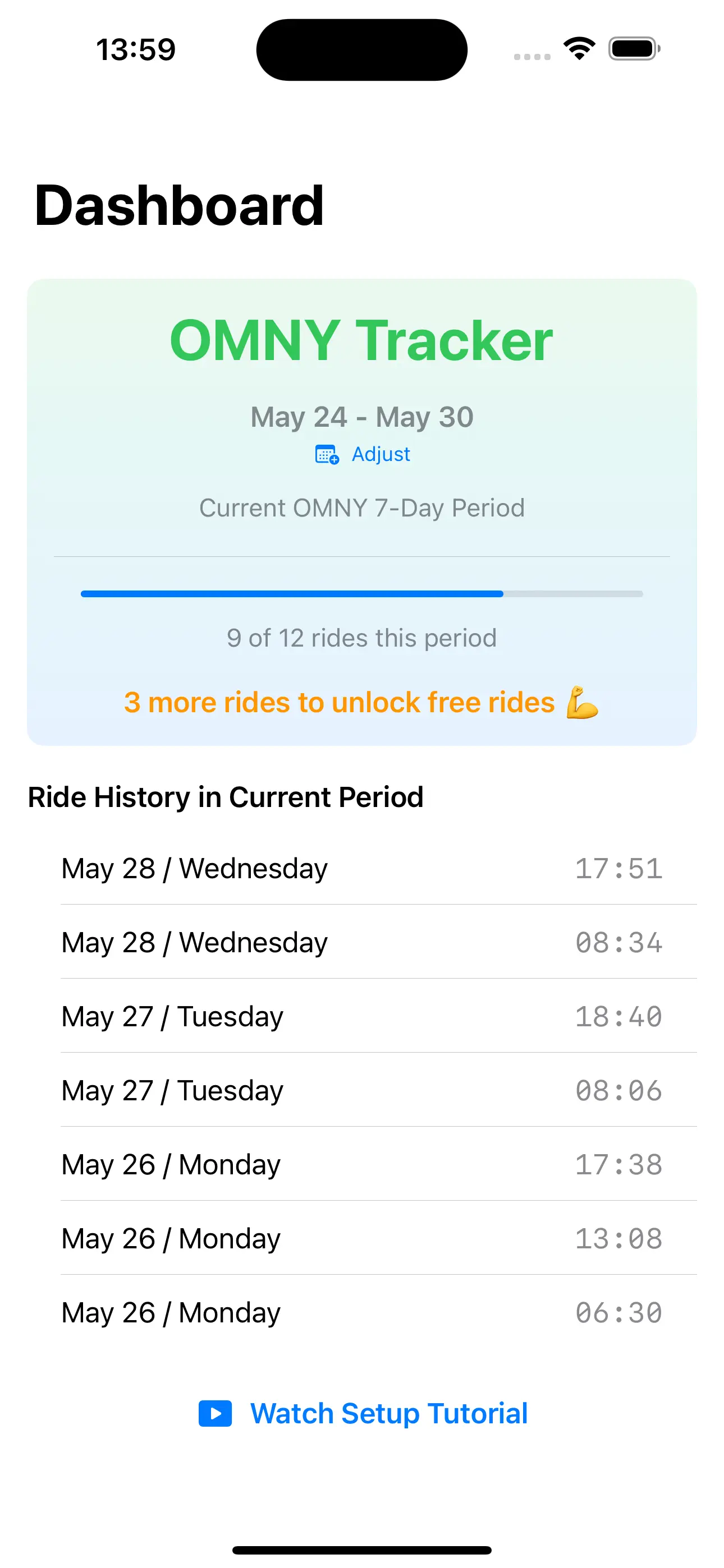 NYC Badger home screen showing ride count and progress